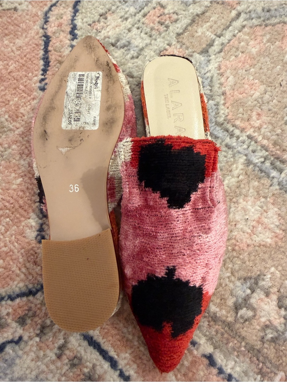 Alara Pink, Red & Black Patterned Velvet Pointed Mules